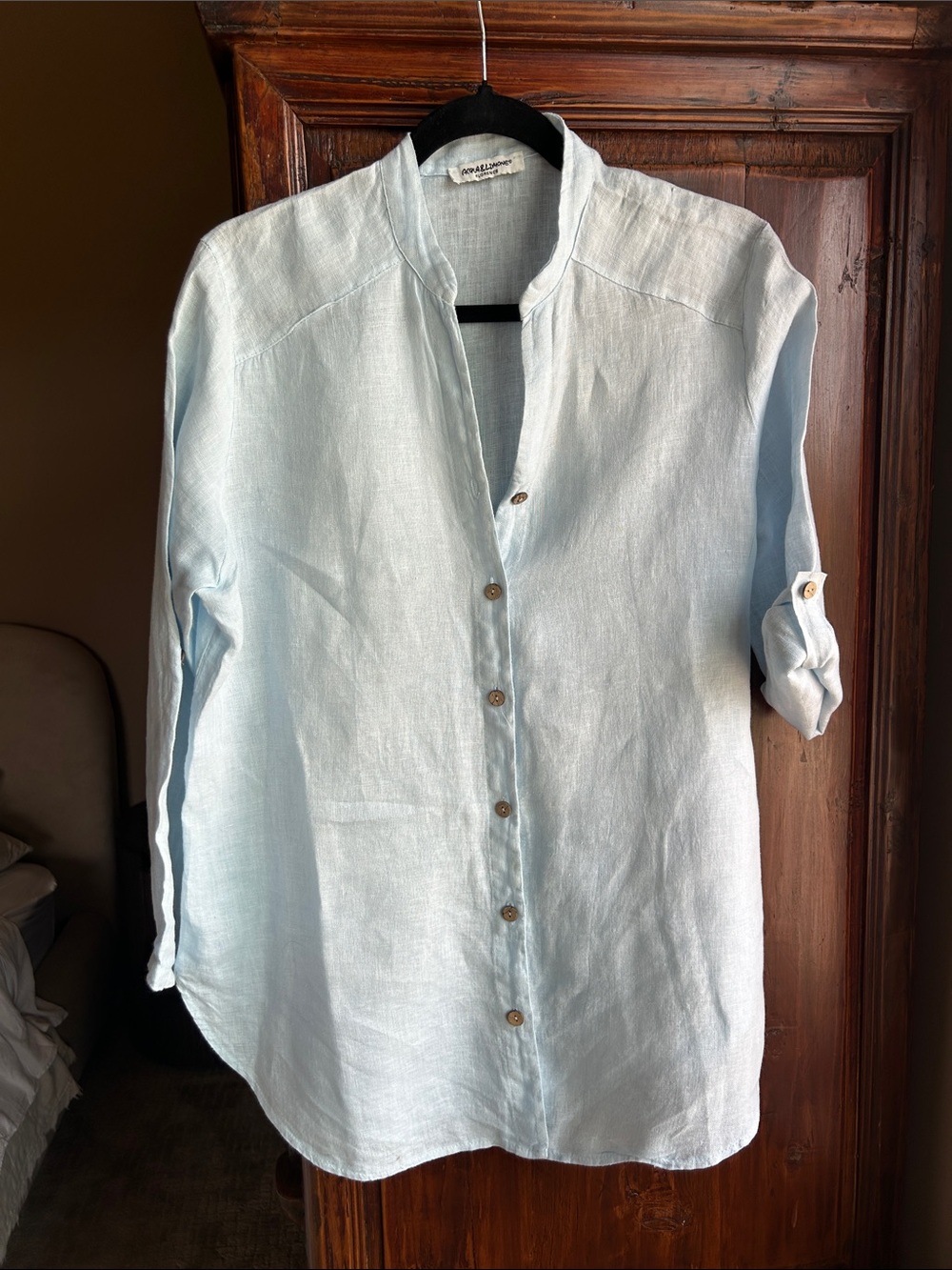 Light Blue Linen Button-Down Tunic Shirt  oversized